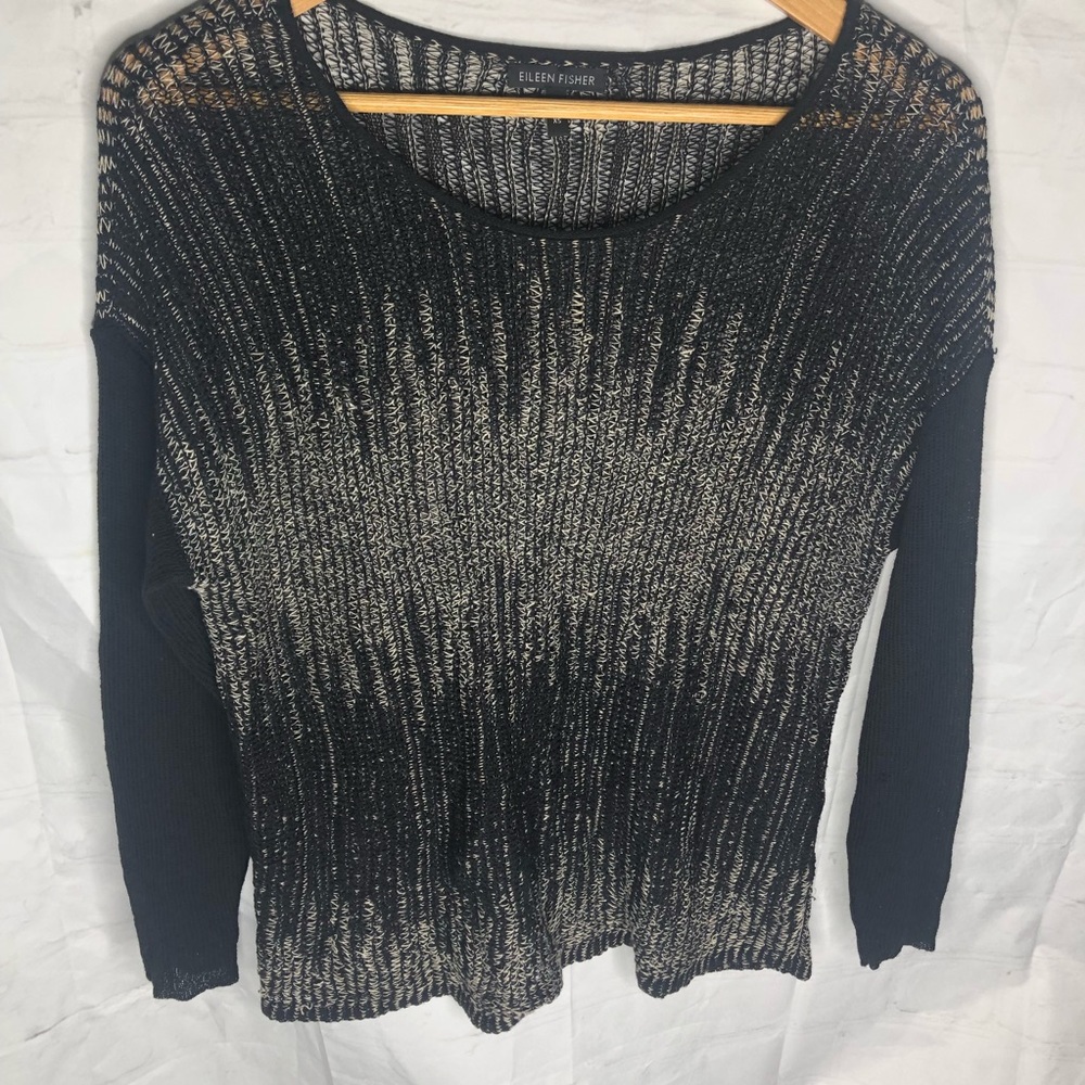 Eileen Fisher Womens Long Sleeve Open Knit Sweater Wool Linen Blend Black tan XS